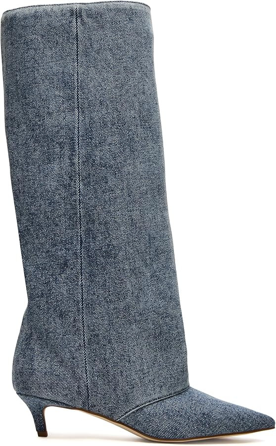 Brown Suede Knee High Boots for Women Comfortable Pull on Pointed Toe 2 Inch Kitten Heel Fold Ove... | Amazon (US)