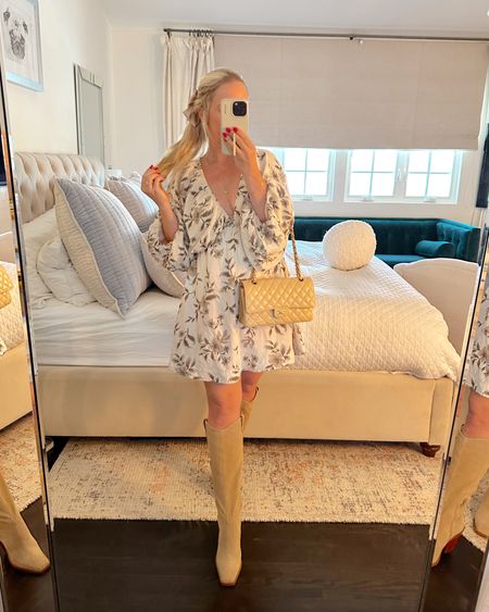 Fall mini dress.  Big puffy sleeves. Cute to wear for fall photos! Beige base color with olive flowers. Runs big, wearing the XS


#LTKstyletip #LTKwedding