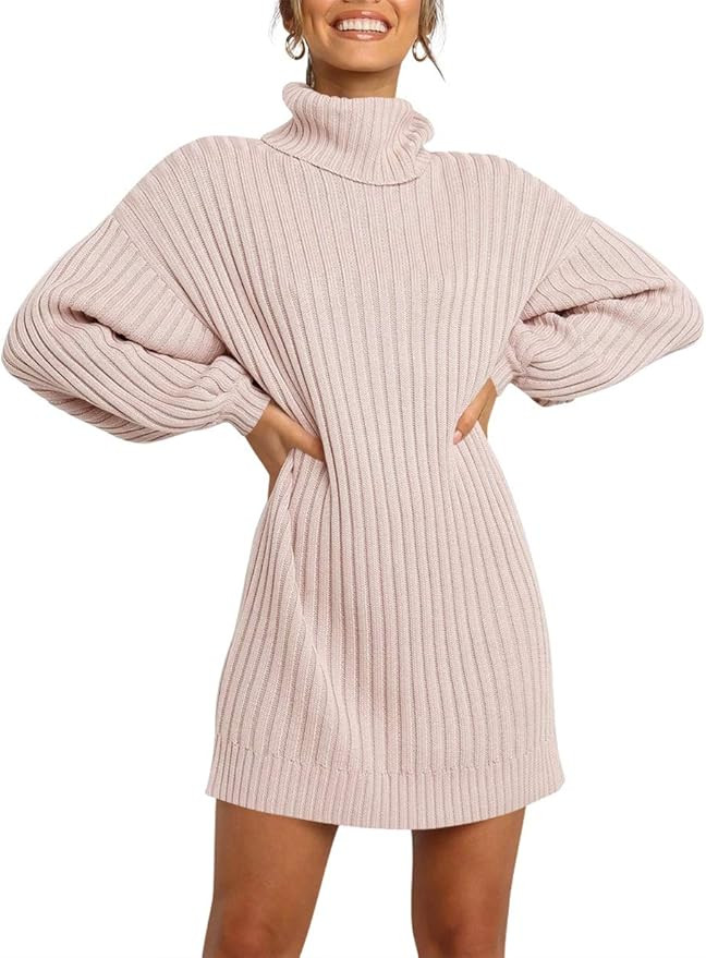 LOGENE Women's Sweater Dress Turtleneck Long Balloon Sleeve Ribbed Knit Oversized Pullover Dresse... | Amazon (US)