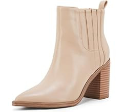 Amazon.com | Womens Slip on Booties Chunky Stacked Mid Heel Leather Pointed Toe Elastic Side Fashion | Amazon (US)