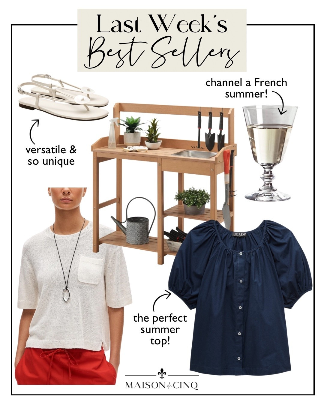 Last week’s best sellers include a potting bench under $150!, the perfect summer top, French wine glasses, and more!

Home decor, outdoor decor, gardening, outdoor furniture, summer sweater, blouse, sandals , summer entertaining, tabletop, wine glasses

#LTKSeasonal #LTKHome #LTKOver40