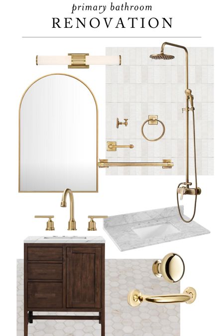 Primary Bathroom remodel fixtures and finishes! 

-Shower tile grout: Alabaster
-Floor tile: is Cesari III Hex tiles from Floor & Decor, grout color is light pewter
Door stain: dark walnut by Varathane