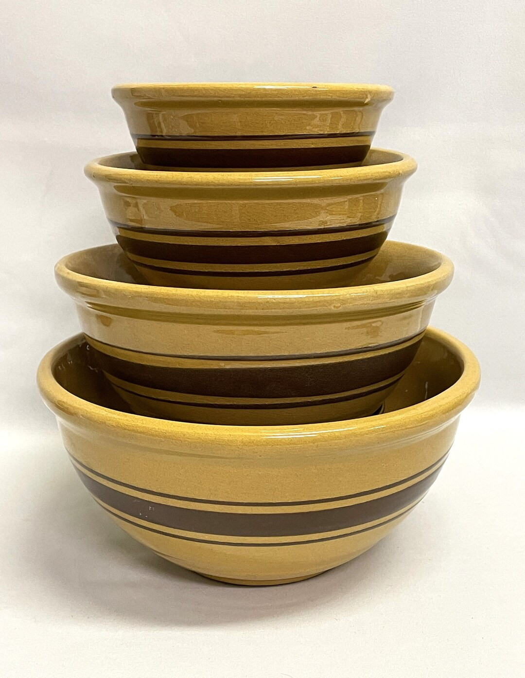 Vintage Yellow Ware Brown Bowl Set Striped Mixing Bowls - Etsy | Etsy (US)