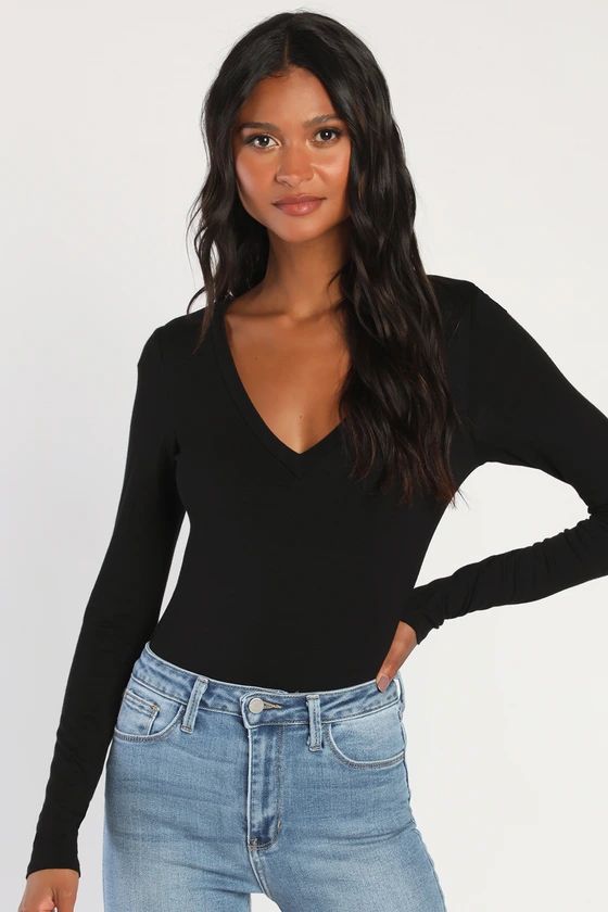 Clean Look Black V-Neck Long Sleeve Bodysuit | Lulus (US)