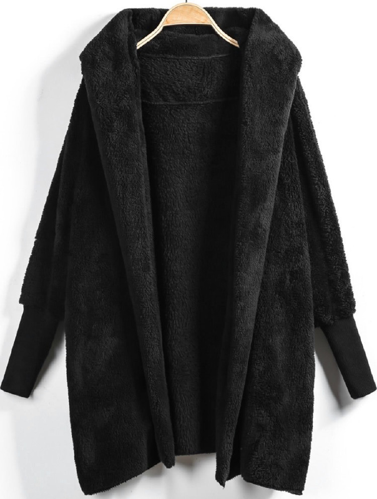 Hooded Open Front Fluffy Teddy Coat | SHEIN