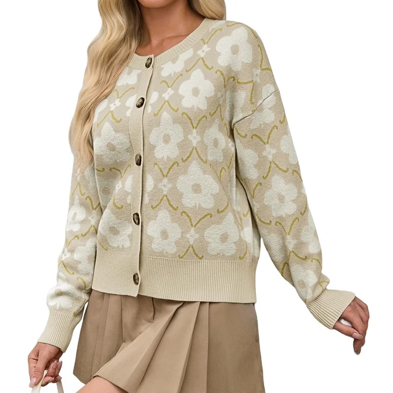 Floral Knit Women Long Sleeve Button Down Casual Sweater Cardigan | Walmart (US)