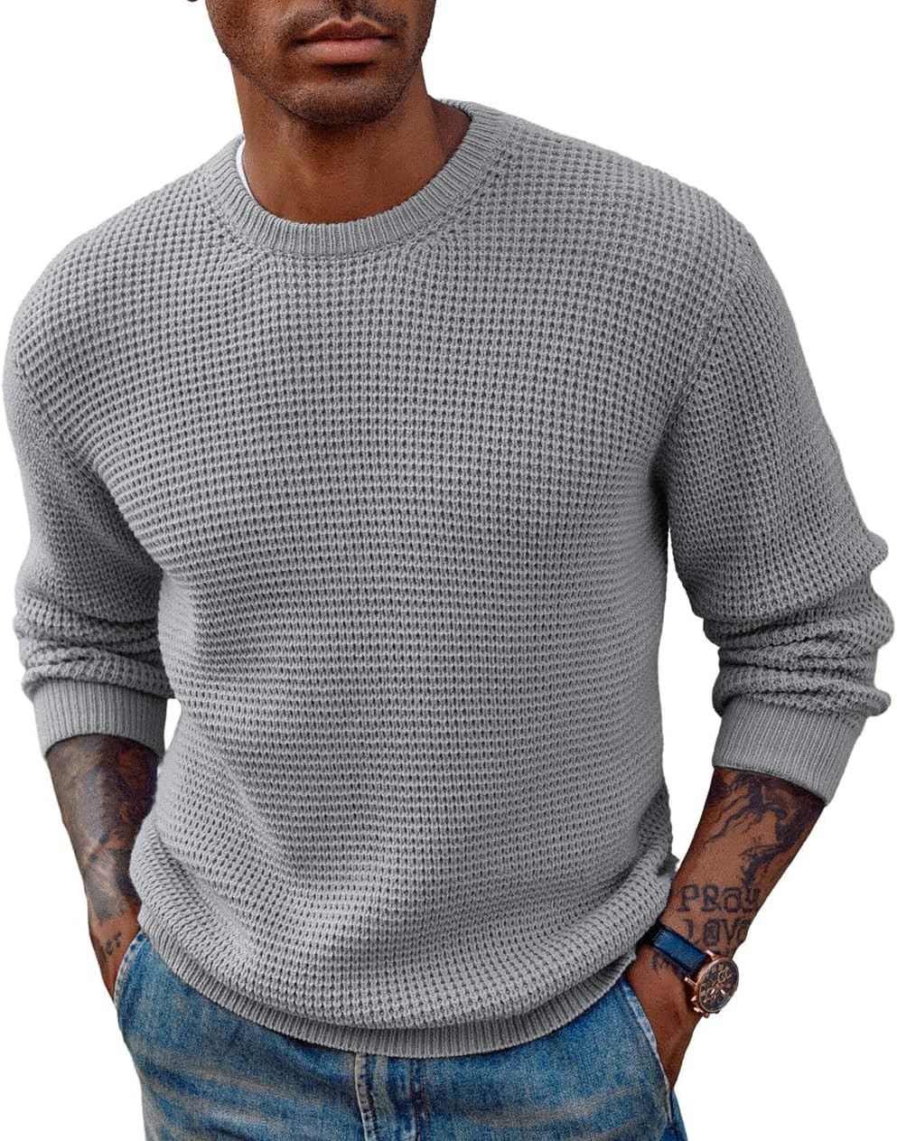 PJ PAUL JONES Mens Waffle Knit Sweaters Casual Crewneck Pullover Sweaters | Amazon (US)