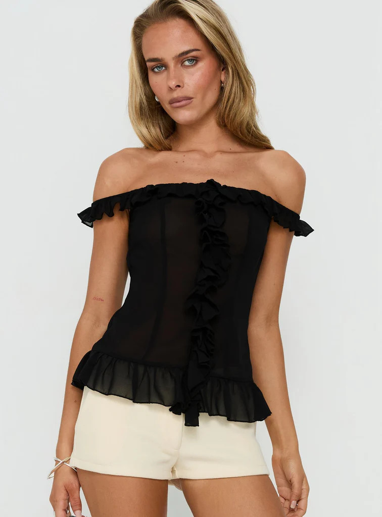 Nivelle Frill Detail Off Shoulder Top Black | Princess Polly US