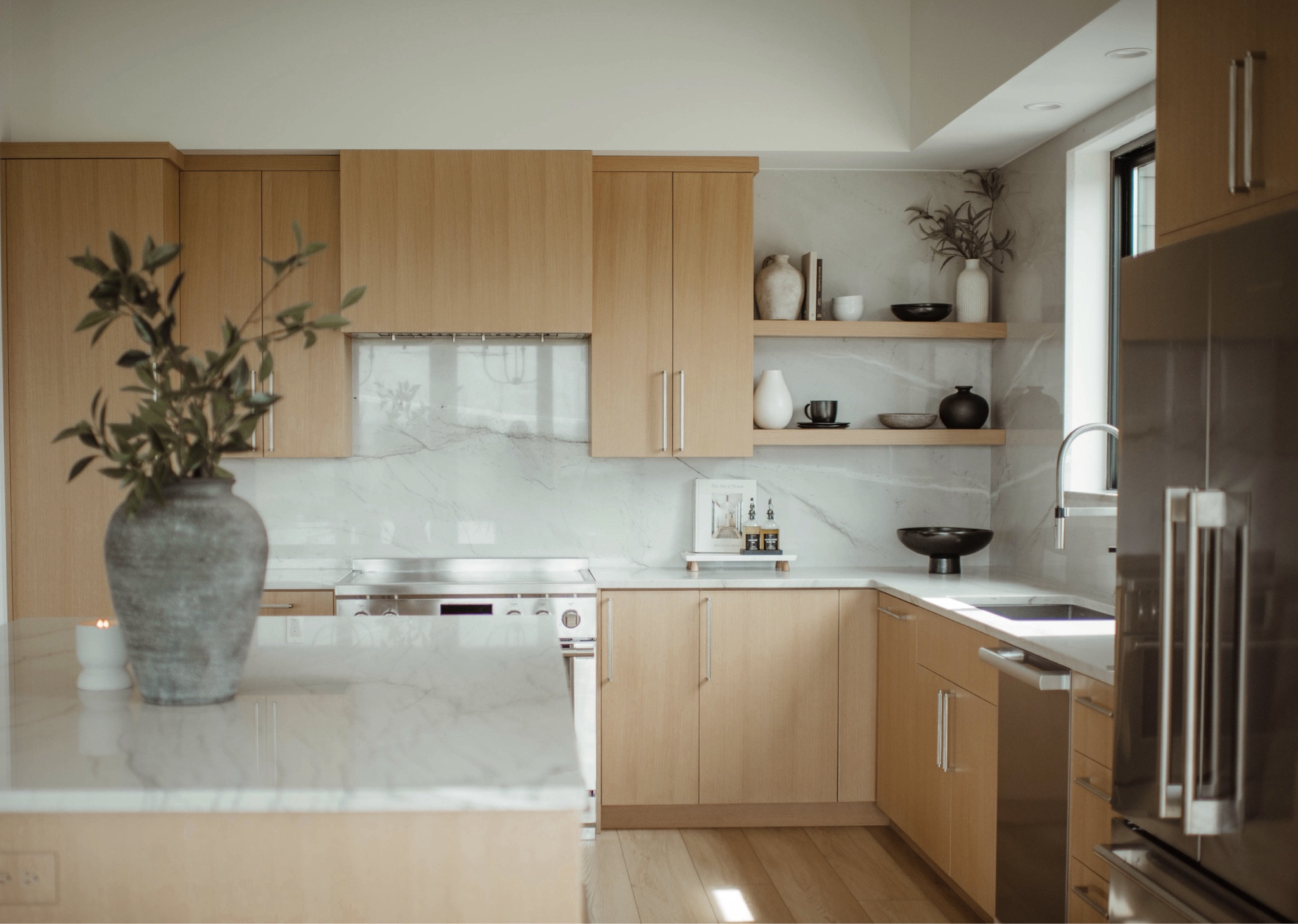 Loved styling this white oak kitchen we recently built 🫶🏼 The modern decor was the perfect finishing touch! |white oak, kitchen, shelf styling, modern kitchen, Crate & Barrel, Target Style|

#LTKHome