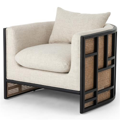 Jun Modern Cream Performance Upholstered Cushion Black Wood Cane Arm Chair | Kathy Kuo Home