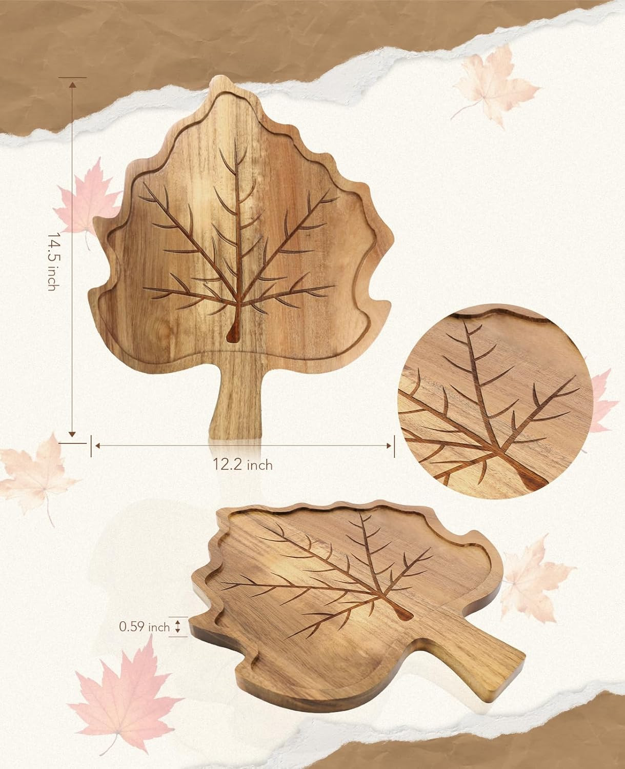 AceList Fall Harvest Maple Leaf Wooden Serving Platter - Rustic Maple Leaf Fruit Meat Snack Chees... | Amazon (US)