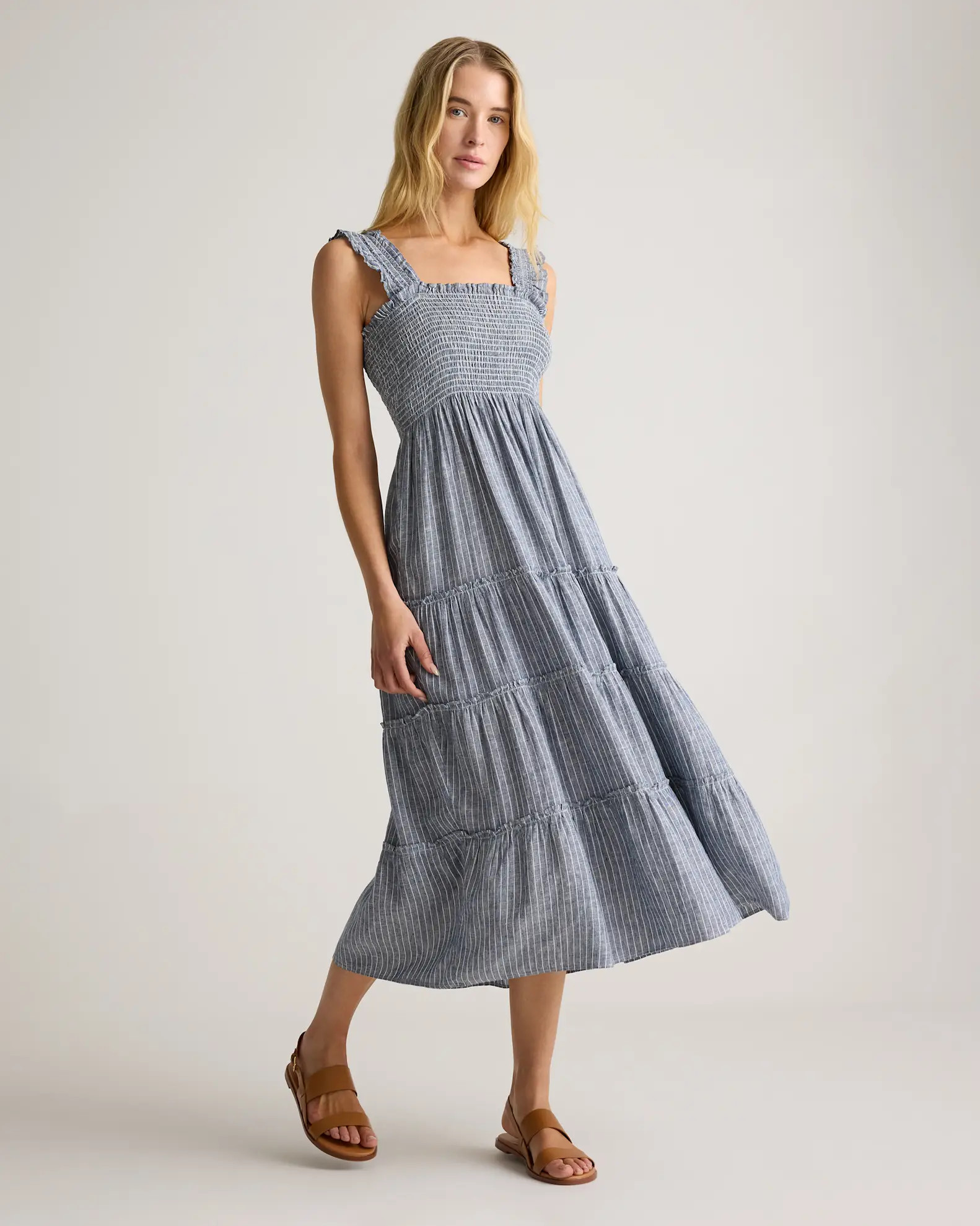 100% European Linen Smocked Midi Dress in Chambray Stripe | Quince