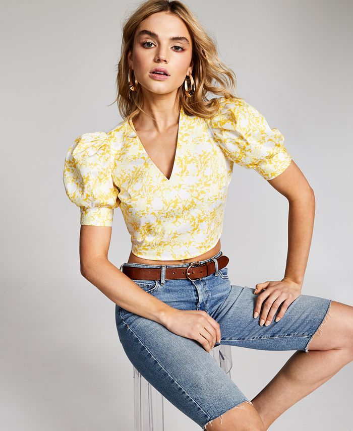 INC Printed Puff-Sleeve Cropped Blouse, Created for Macy's | Macys (US)