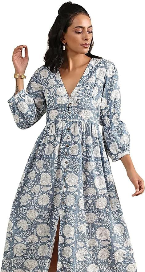 KLAVATE Deep V Neck HandBlock Print Cotton Floral Dress Women Summer Midi Dress | Amazon (US)