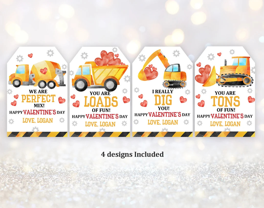 Construction Valentine's Day Tags Kids Valentines Boy Dump truck Label Preschool School Classroom... | Etsy (US)