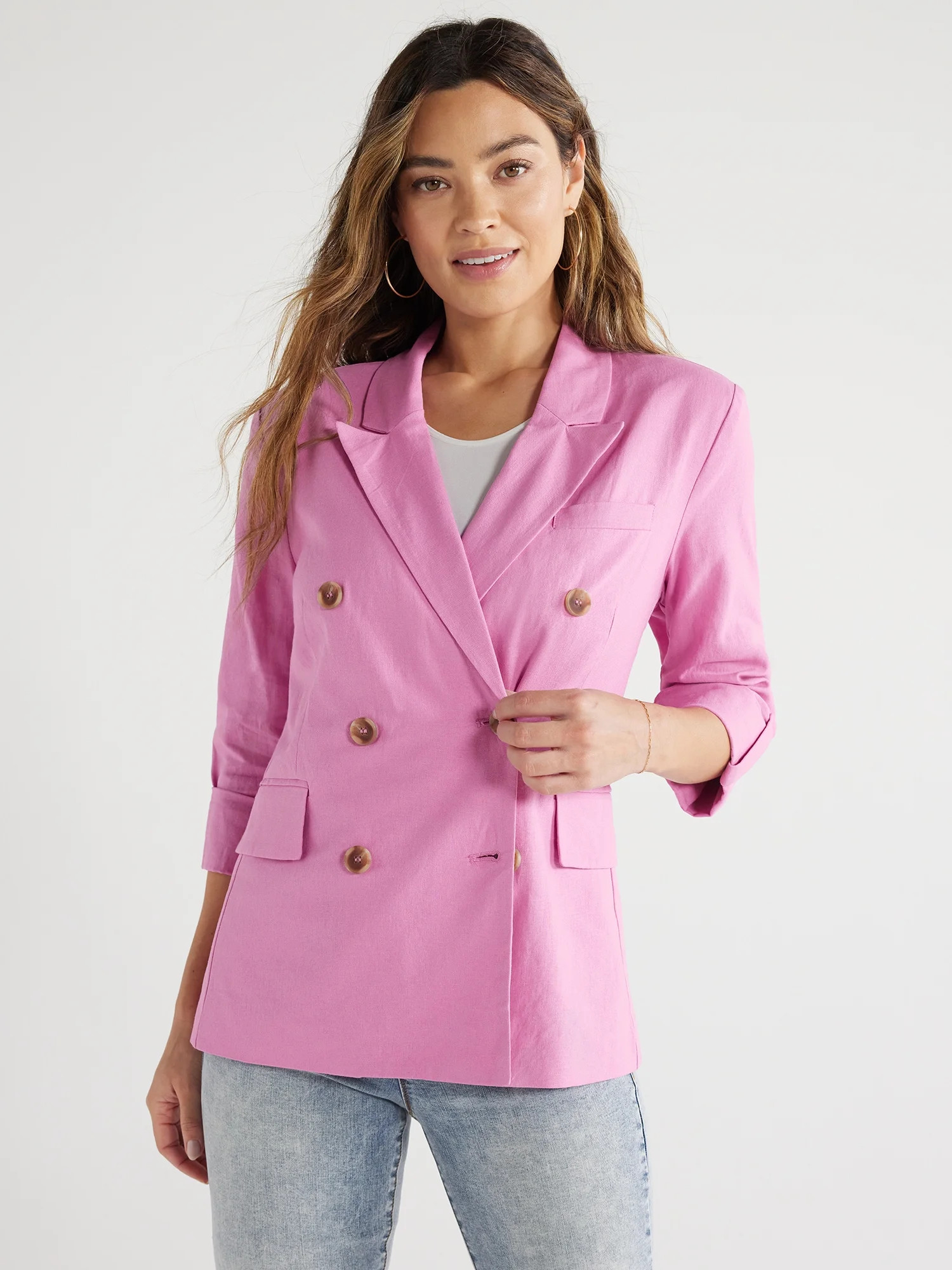 Sofia Jeans Women's and Women's Plus Double Breasted Linen Blend Blazer, Sizes XS-5X | Walmart (US)