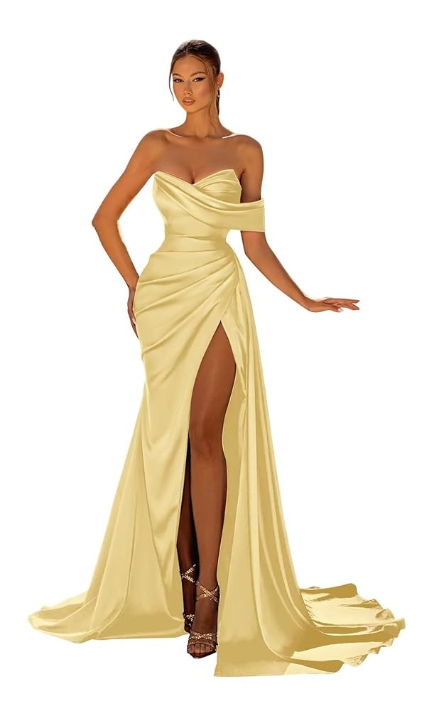 Women's Satin Bridesmaid Dresses with Slit Mermaid Off Shoulder Long Corset Prom Dresses Formal G... | Amazon (US)