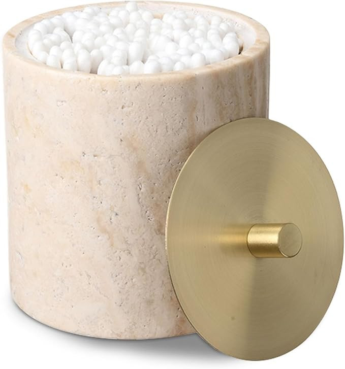 Nartural Marble Qtip Holder with Brass Lid, Beige Travertine Cotton Swab Jar, Modern Round Canist... | Amazon (US)