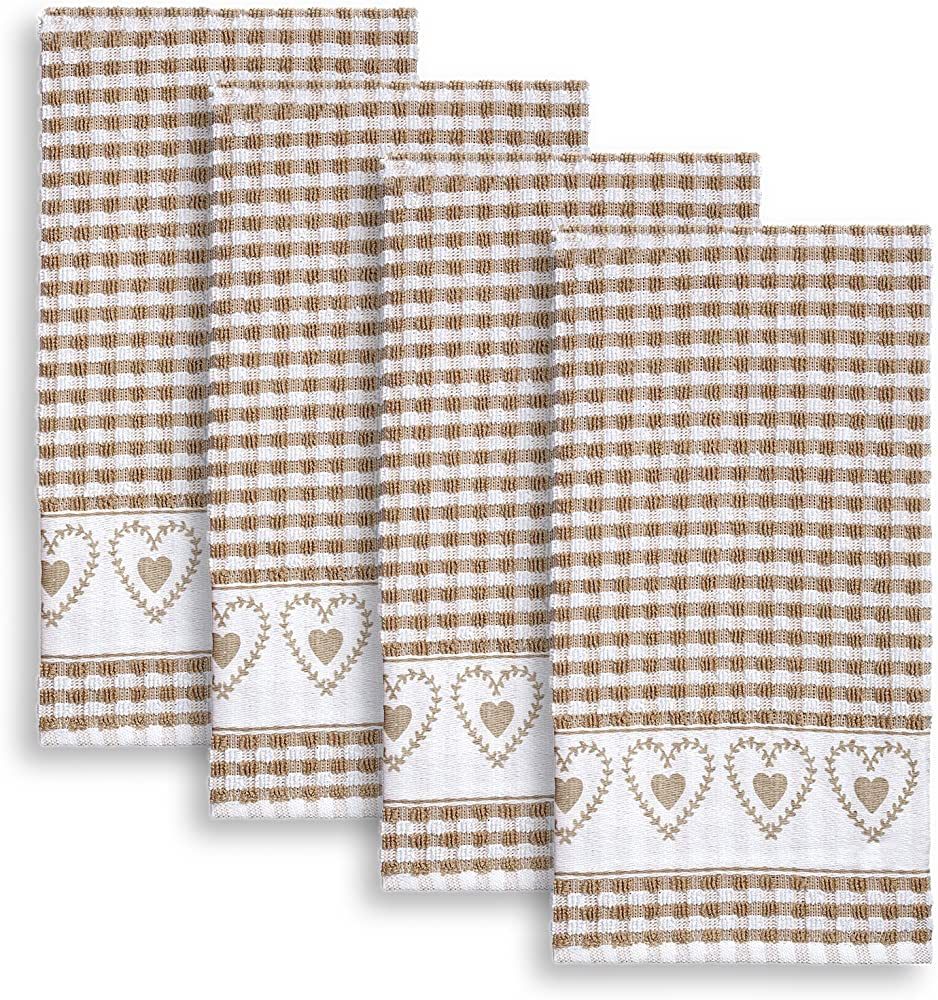 Cackleberry Home Laurel Hearts Check Terrycloth Kitchen Towels, Set of 4 (Tan) | Amazon (US)