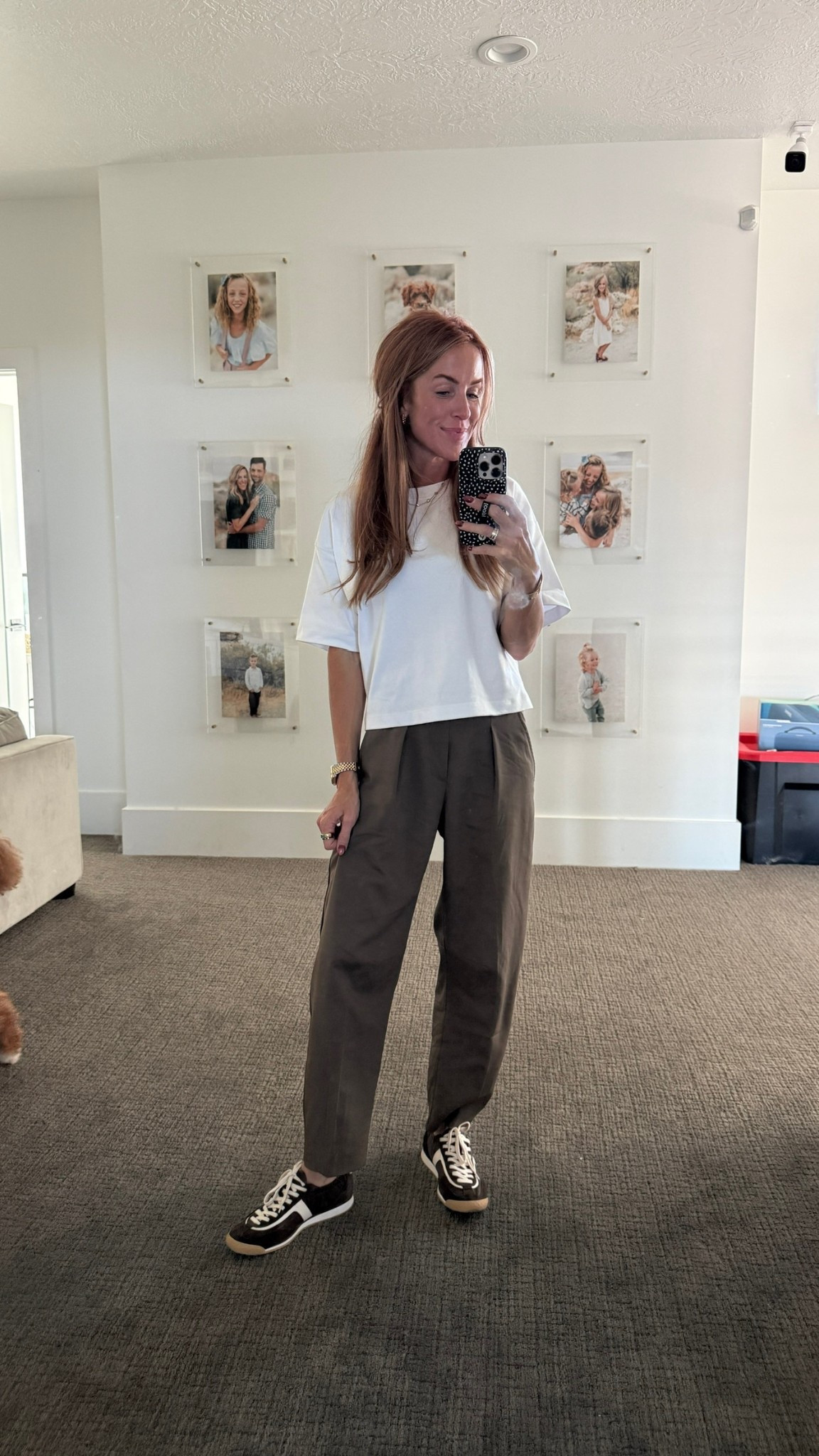 Shirt is from @Spanx . Such a great white tee that’s not see through. I’m wearing a small. Try code TARAXSPANX for 15% off + free shipping if you’re a new customer!

These pants are fun! I love the pleated trouser look and they can definitely be dressed up or down. They run a little bit roomy, you could size down. 

Shoes are Dolce Vita, comfy sneakers. They fit TTS.