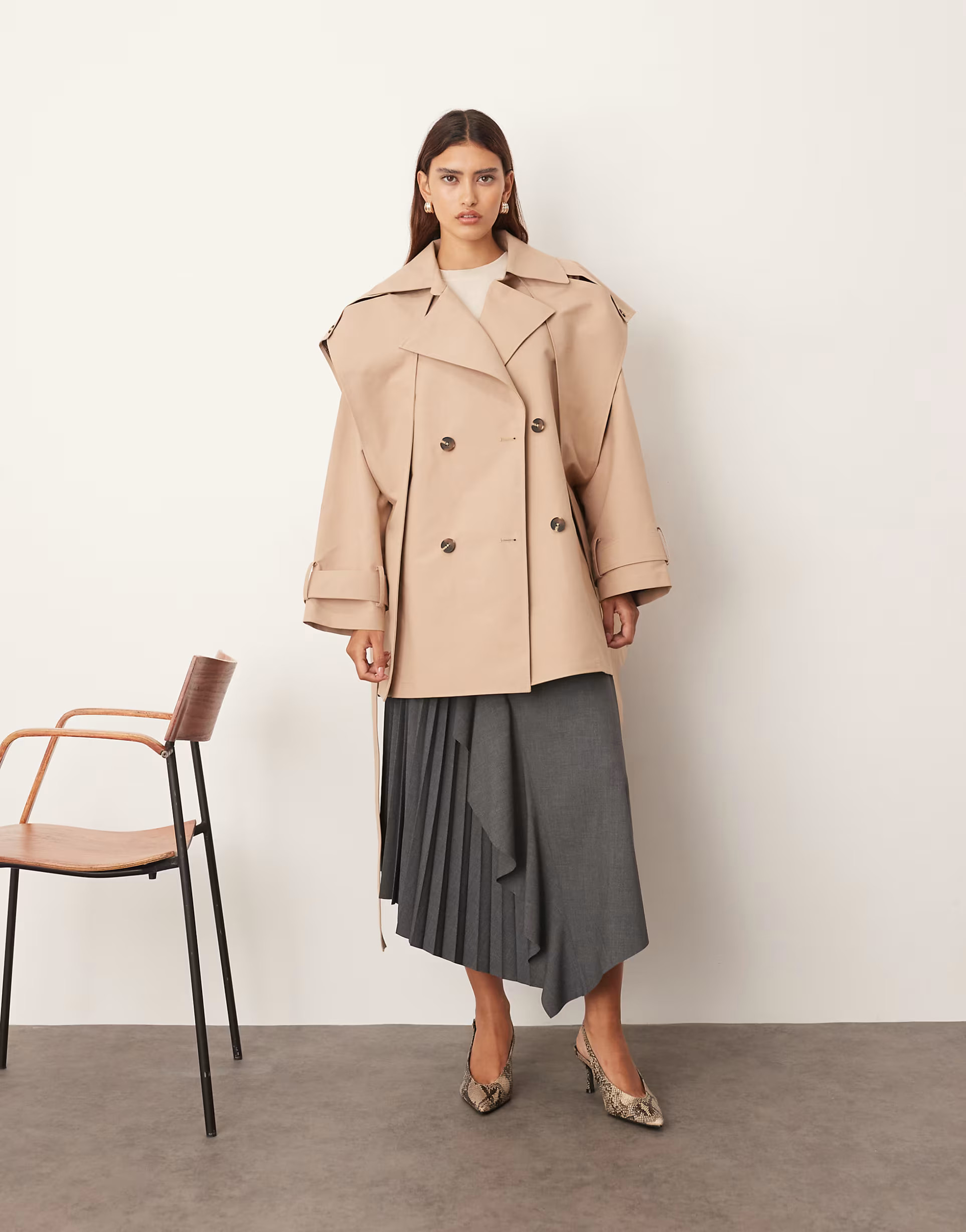 ARRANGE double breasted cropped trench coat with cape detail in tan | ASOS (Global)