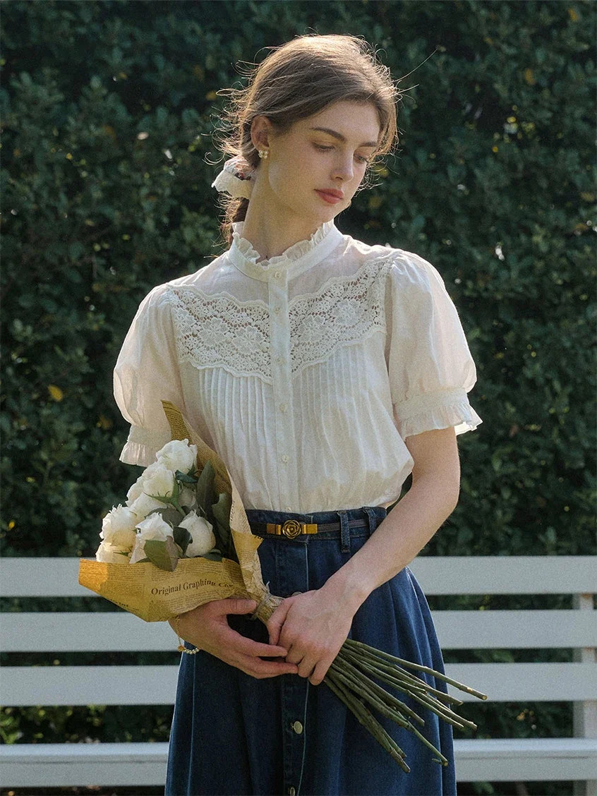 Octavia Mock Neck Hollow Lace Patchwork Puff Sleeve Blouse | Simple Retro