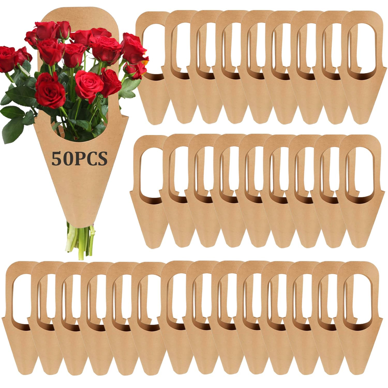 50 Pack Kraft Paper Flower Gift Bags with Handle, 13.8" Brown Flowers Bouquet Holder for Wedding,... | Amazon (US)