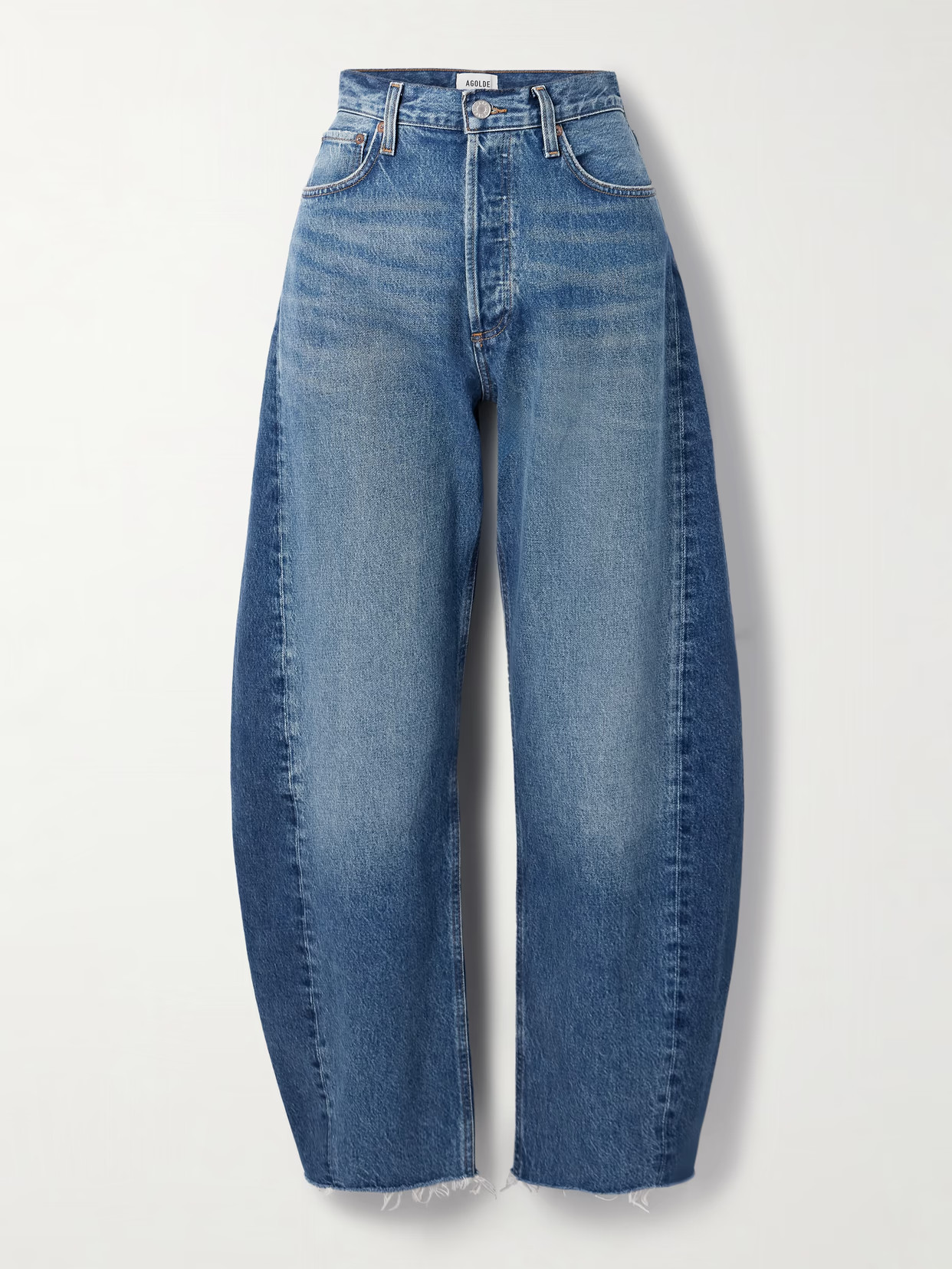 AGOLDE - Luna Frayed High-rise Barrel-leg Jeans - Mid denim | NET-A-PORTER (UK & EU)