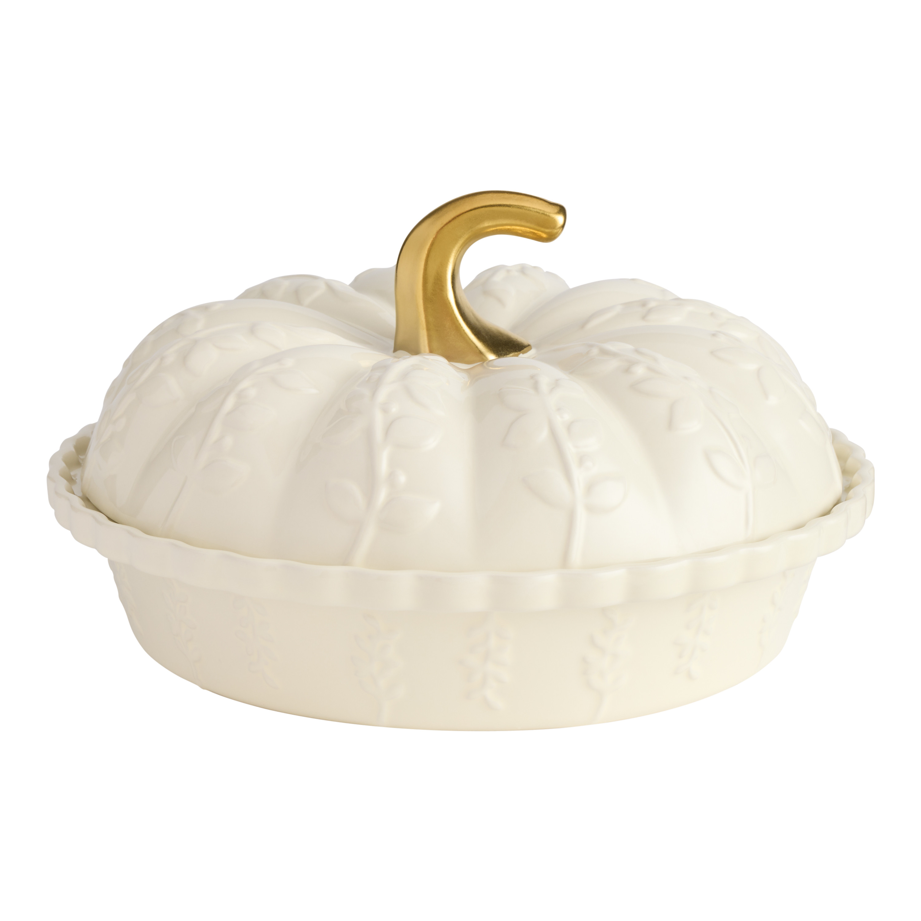 Off White Pumpkin Embossed Botanical Figural Deep Pie Dish | World Market