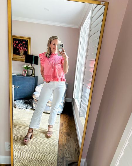 Love this easy summer outfit — a cute blouse, white jeans, and platform sandals. I’m wearing a size 25 in these white jeans and they’re stretchy and so comfortable. My top is Love the Label, and my shoes are on sale at Dolce Vita. 

#LTKShoeCrush #LTKSeasonal #LTKStyleTip