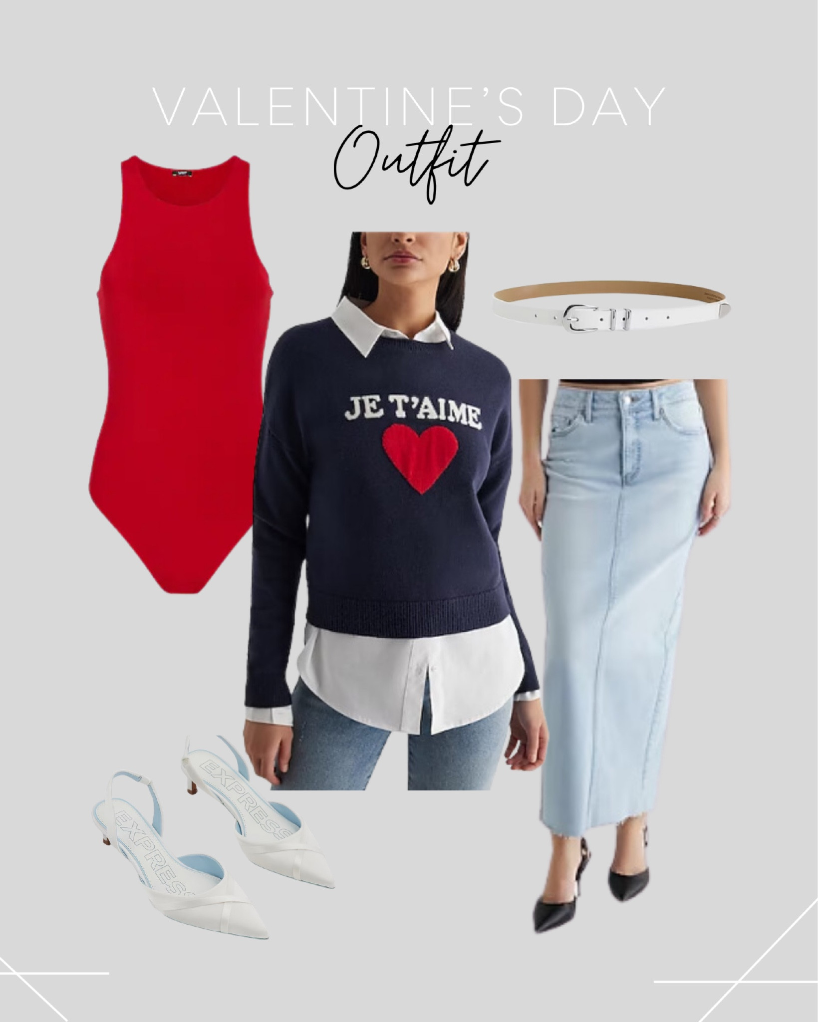 Valentine’s Day outfit - 

Jean maxi skirt, red bodysuit, heart sweater, white belt, white shoes

#LTKsalealert #LTKstyletip #LTKfindsunder50