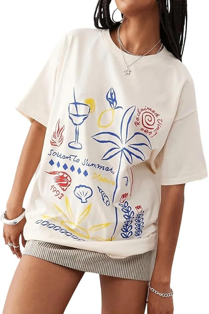Women Teen Girl Oversized Summer Tops Y2k Cute Loose Fit Short Sleeve Crew Neck Graphic T Shirts ... | Amazon (US)