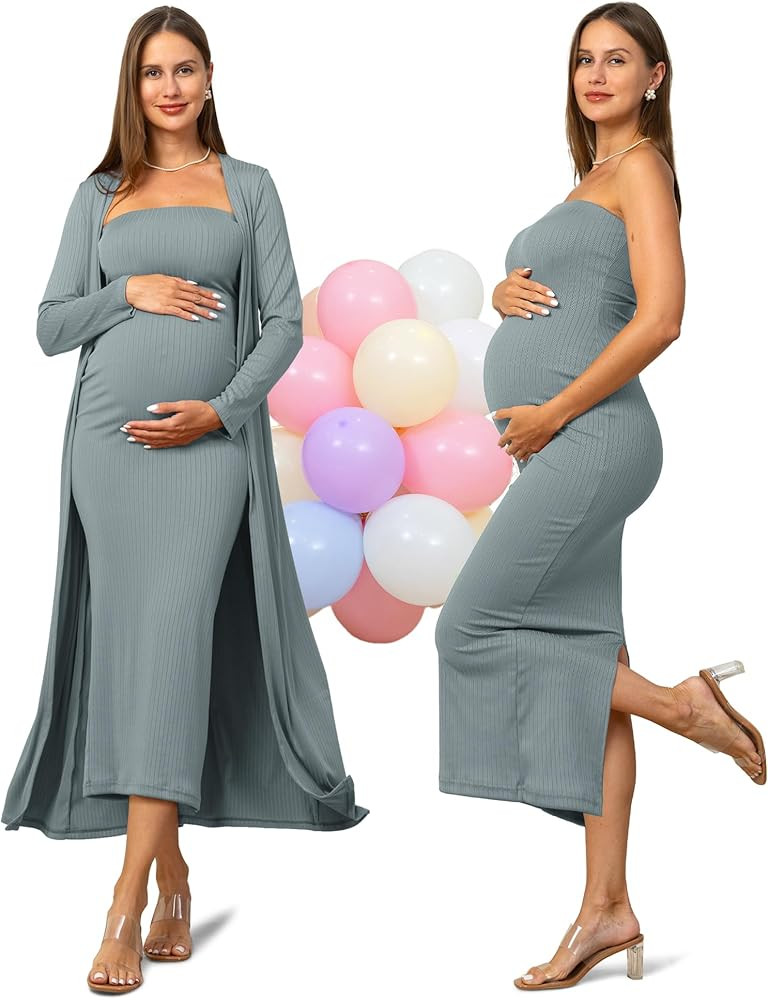 Rnxrbb 2 Piece Maternity Dress Cardigan Baby Shower Bodycon Fall Tube Maternity Dresses Long Gend... | Amazon (US)