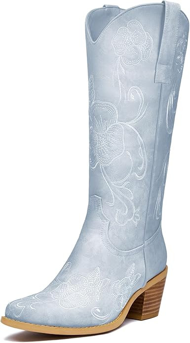 Cowboy Boots for Women Cowgirl Mid Calf Boots Floral Embroidery Pointed Toe Chunky Heel 2.5" Pull... | Amazon (US)