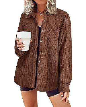 HOTOUCH Waffle Button Down Shirts for Women Dressy Casual Work Shacket V Neck Long Sleeve Lightwe... | Amazon (US)