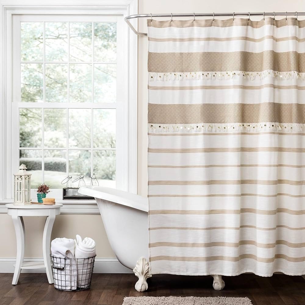 Lush Decor Malaika Stripe Shower Curtain, 72 Inches Long x 72 Inches Wide, Tan | Amazon (US)