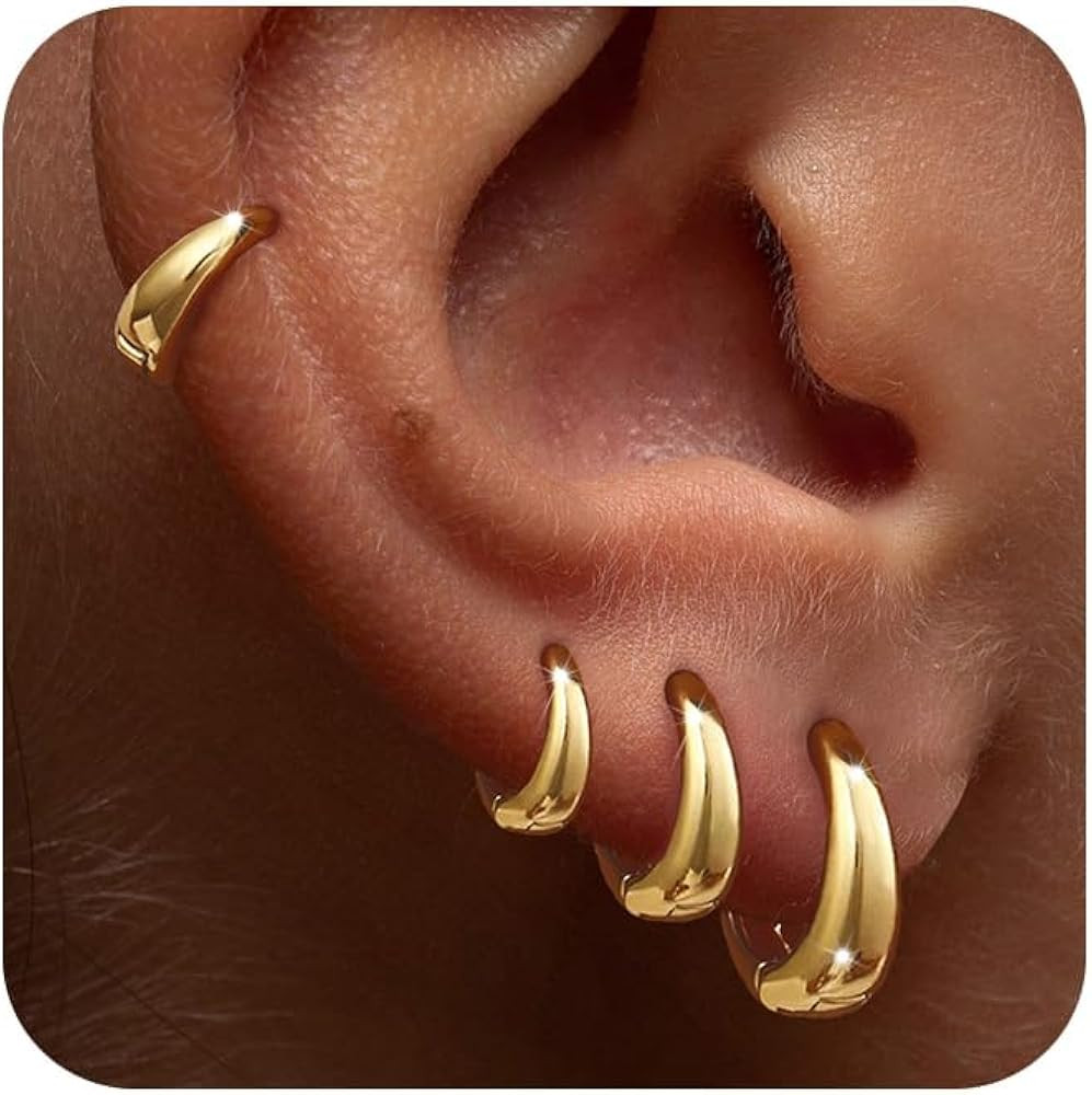 Foxgirl 4 Pairs Small Chunky Huggie Hoop Earrings for Women - Dainty 14K Gold Plated Hypoallergen... | Amazon (US)