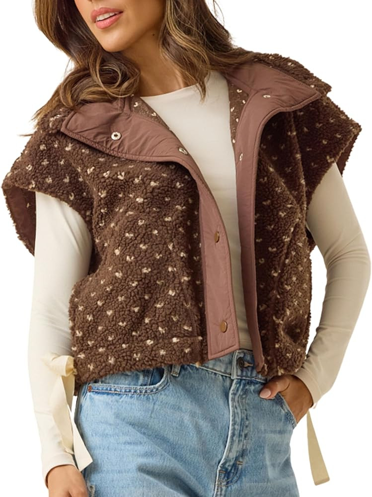 Womens Heart Quilted Sherpa Vest Lapel Sleeveless Button Down Fleece Jacket Cute Side Tie Outerwe... | Amazon (US)