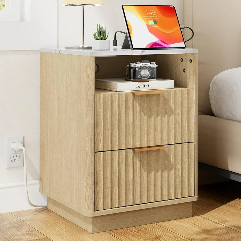 Fluted Nightstand with Charging Station, 18" Modern Night Stand with Faux Marble Top, 2 Drawers E... | Walmart (US)