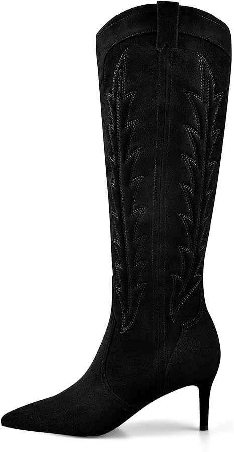 MIRAAZZURRA Knee High Boots Women Suede Cowboy Boots Pointed Toe Kitten Heel Western Embroidered ... | Amazon (US)