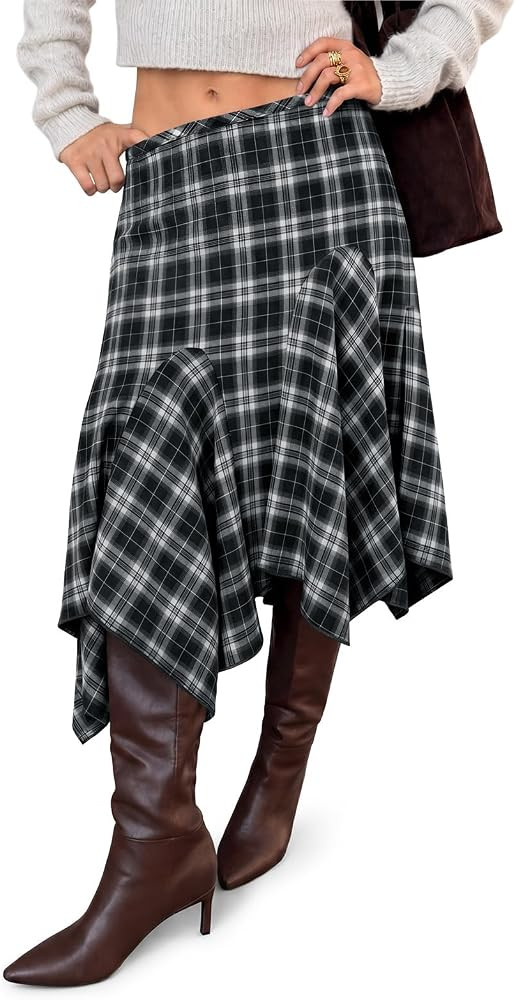 Women's Plaid Midi Skirts Y2k Low Waist Asymmetrical Flowy Skirt | Amazon (US)