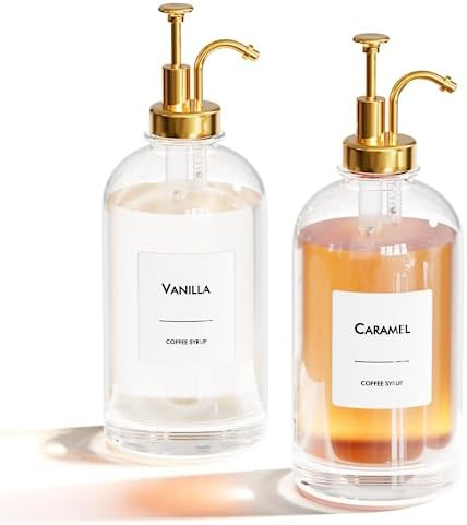 16.9 oz (500 ml) Coffee Syrup Dispenser Set - 2 Glass Bottles with Gold Pumper and Syrup Labels -... | Amazon (US)