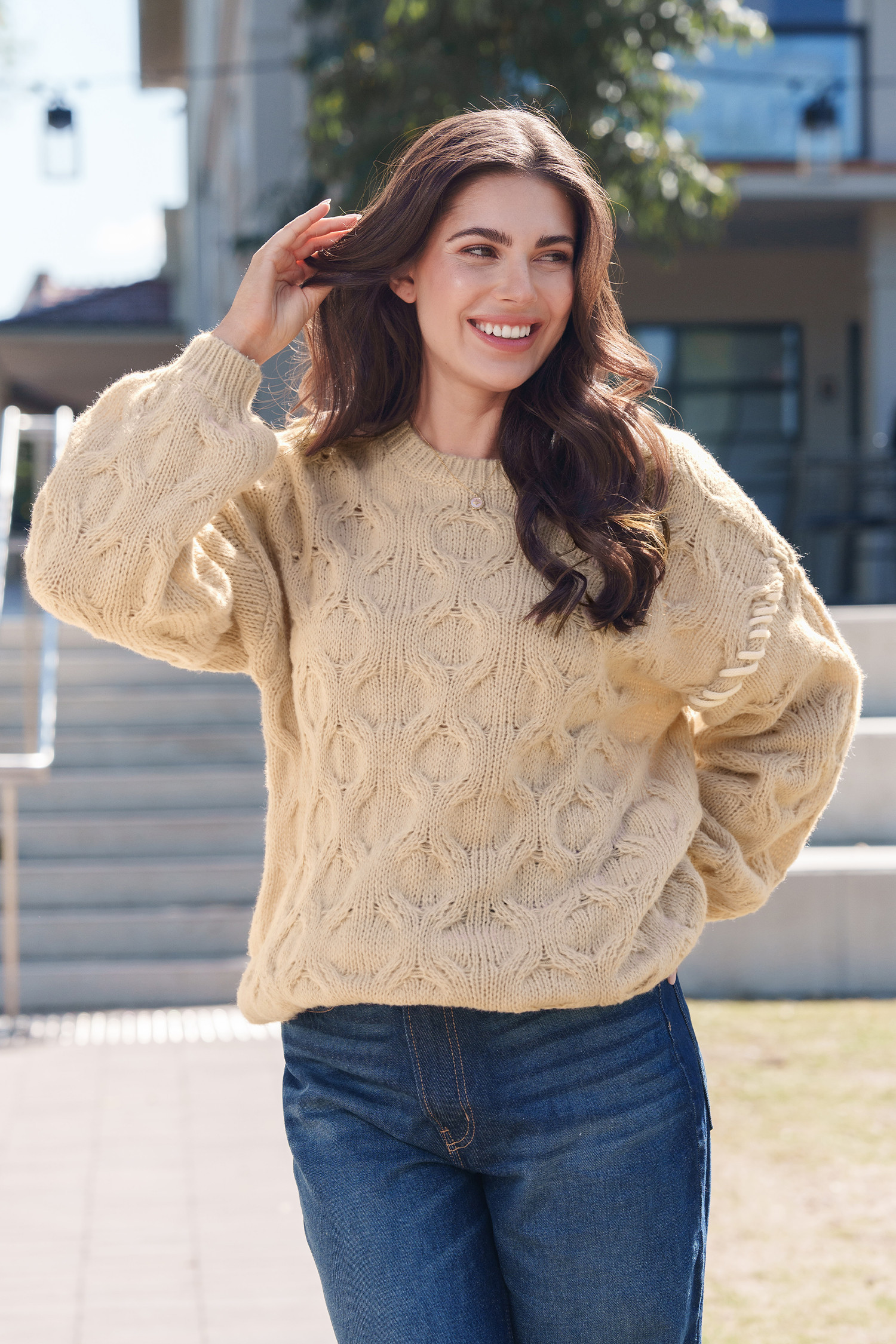 Cable Knit Round Neck Sweater - S | Cupshe US