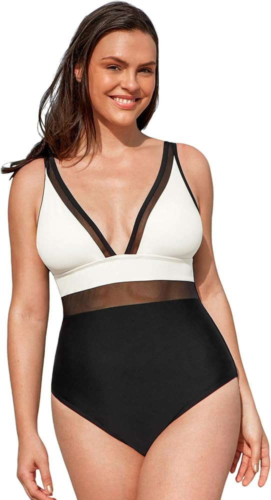 CUPSHE Women Plus Size One Piece Swimsuit V Neck Mesh Sheer Tummy Control Bathing Suit with Adjus... | Amazon (US)