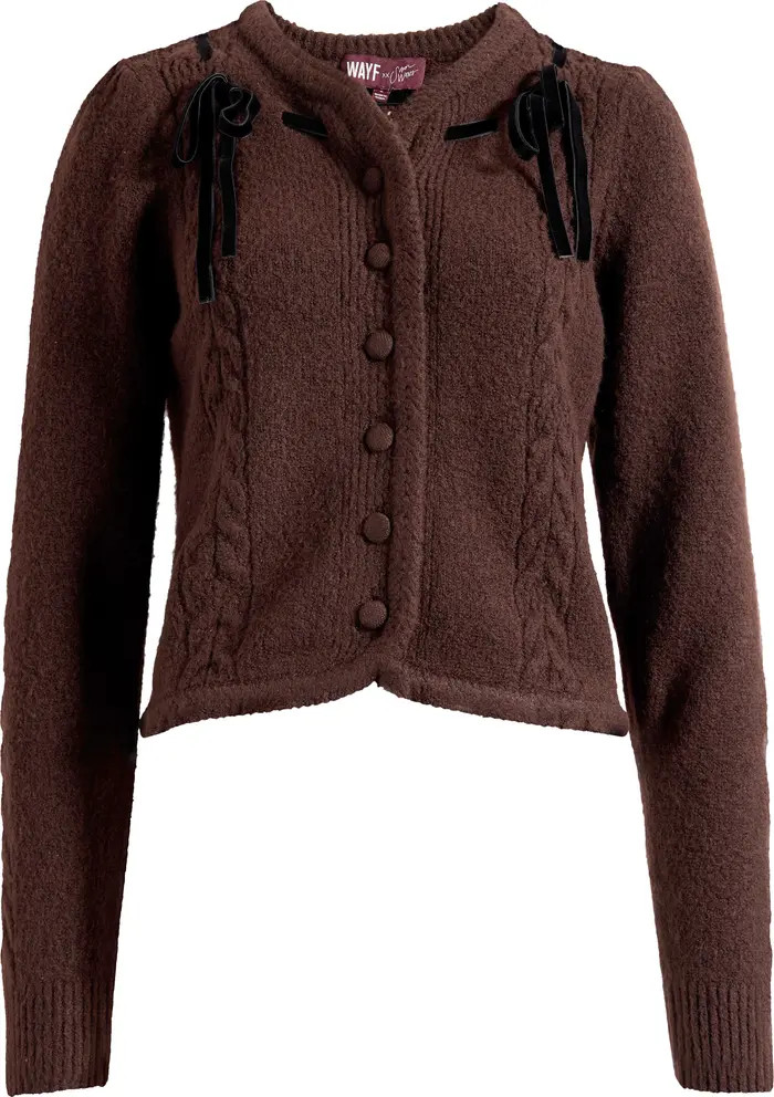 x Sara Walker Jackie Velvet Bow Cable Stitch Cardigan | Nordstrom
