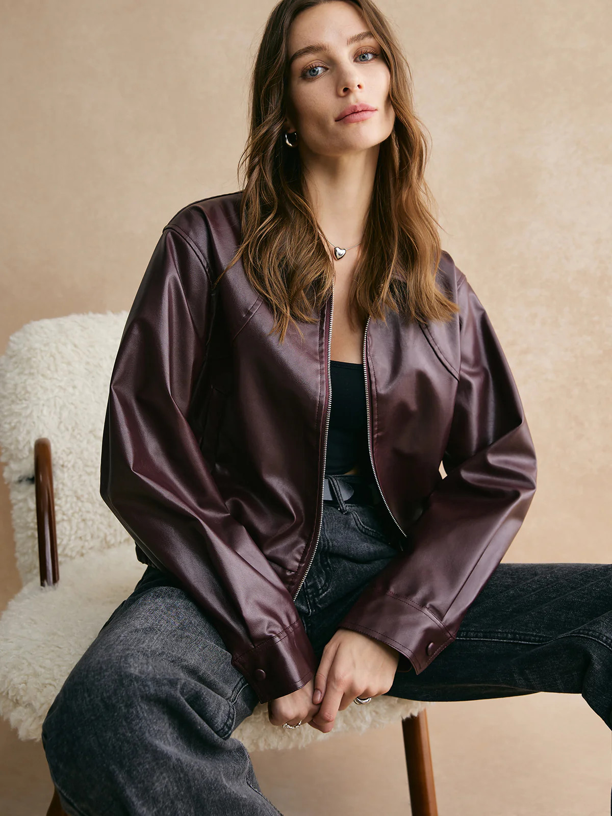 Lapel Zipper PU Leather Short Jacket | Commense