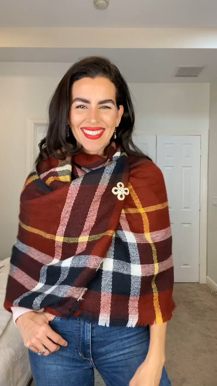 Adding the same scarf, bodysuit and jeans. Adding similar brooch. Lipstick is Ruby woo. 
Amazon finds, style tips, winter outfits 

#LTKFind #LTKSeasonal #LTKsalealert