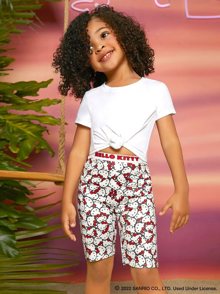 SHEIN X Hello Kitty and Friends Toddler Girls Letter & Cartoon Graphic Contrast Tape Biker Shorts | SHEIN