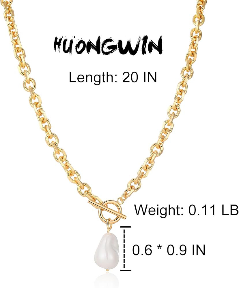 Link Chain Toggle Clasp Baroque Pearl Necklace for Women 14k Gold Plated Charm Pendant Chunky Nec... | Amazon (US)