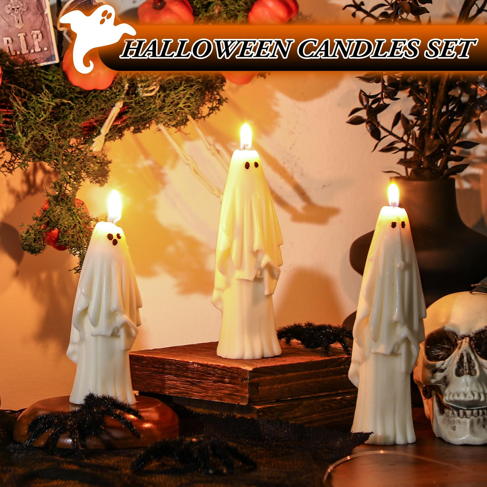 Nuanchu 3 Pcs Halloween Ghost Decor Ghost Candles Gothic Decoration Indoor Gift for Mantel Hallow... | Amazon (US)